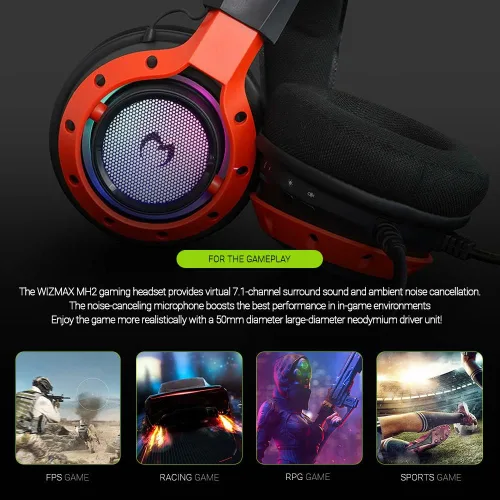 Vista 6 de WIZMAX Auriculares para juegos de PC MH2 - RGB USB con cable para juegos con micrófono Sonido envolvente virtual 71