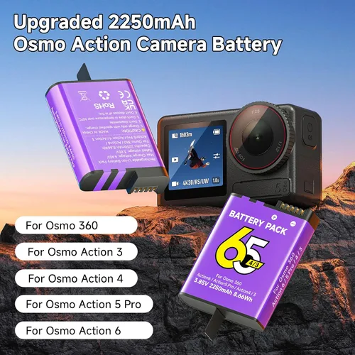 Vista 2 de Batería de 2250 mAh para Osmo Action 6, 2 baterías de repuesto, compatible con Osmo 360, Osmo Action 6, Osmo Action 5 Pro, Osmo Action 4, Osmo
