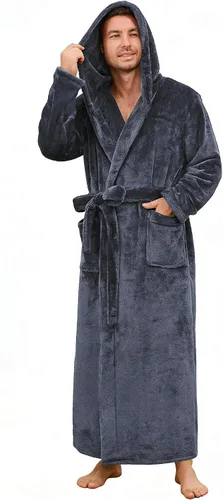 Vista 7 de U2SKIIN Bata de baño para hombre con capucha, bata de felpa gruesa de longitud completa, grande y alta Negro