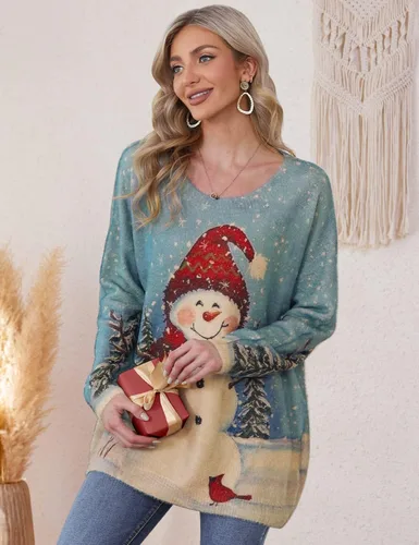 Vista 4 de YESNO - Suéter tejido de ajuste holgado y manga larga para mujer, con estampado gráfico, sin botones, casual, S01
