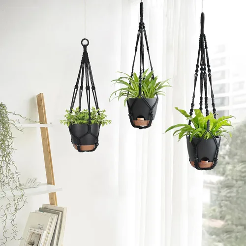 Vista 2 de Mkono - Macetas colgantes, perchas de macramé con macetas auto-regantes. Juego de 3 cestas colgantes para interiores, soportes para macetas