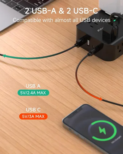 Vista 3 de Regleta protectora contra sobretensiones, enchufe plano, montaje en pared, 8 tomas anchas con 4 puertos USB (2 USB C), cable de extensión resistente