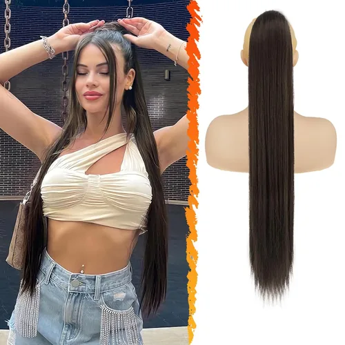 Vista 22 de Barsdar Extensión de cola de caballo marrón oscuro - Extensiones de cola de caballo cortas y rectas de 14 pulgadas con cordón para mujeres