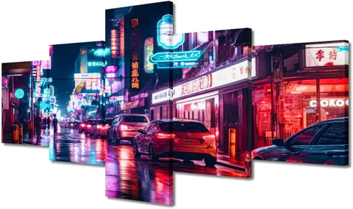 Vista 8 de Póster de 5 paneles en lienzo para decoración de pared, diseño de centro urbano Cyberpunk, impresión moderna, decoración de pared para el hogar