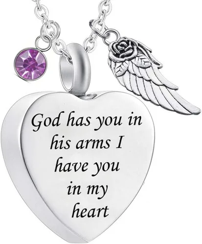 Vista 7 de Dios te tiene en sus brazos con dije de ala de ángel para cenizas de cremación, collar de urna conmemorativa con cristal de piedra natal Abril