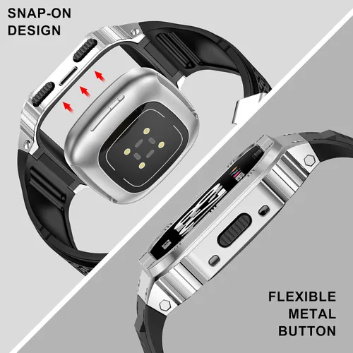 Vista 4 de MioHHR Funda y correa de acero inoxidable compatible con Fitbit Versa 4/3/2/Lite/Sense/Sense 2 bandas con funda de metal, resistente cubierta