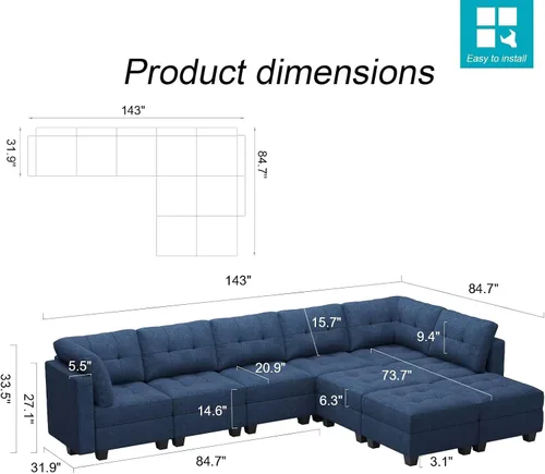 Vista 2 de Belffin Sofá modular en forma de L azul con almacenamiento, 9 asientos, algodón, firme, moderno
