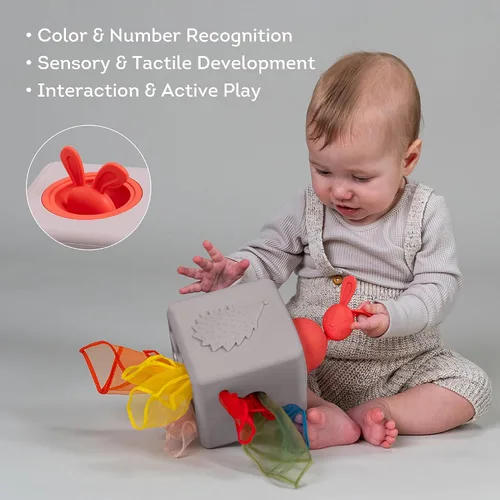 Vista 7 de Taf Toys Caja de pañuelos para bebé con conejito emergente - Actividad sensorial Montessori con 10 pañuelos de tela para el desarrollo motor fino