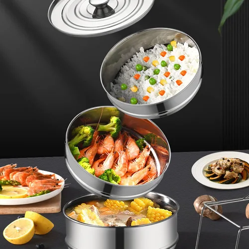 Vista 7 de Olla de cocina de acero inoxidable, olla de vapor con tapa, doble caldera para cocinar, sartén apilable de 2 niveles para cocina