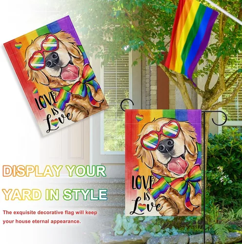 Vista 4 de Love is Love Golden Retriever Dog Rainbow - Bandera decorativa para jardín, decoración exterior del mes del orgullo de mascotas LGBTQ