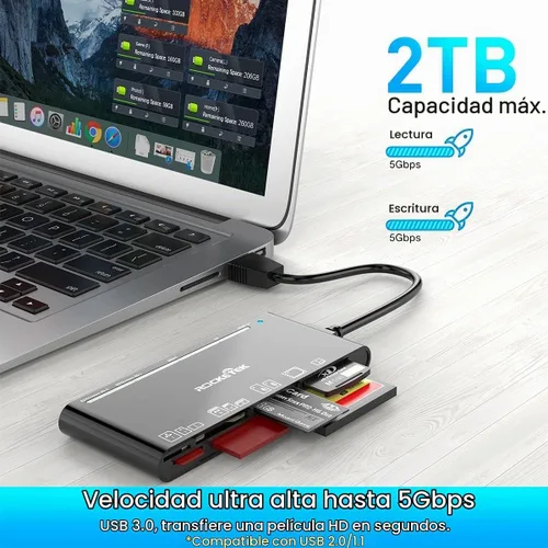 Vista 3 de Lector de Tarjetas SD USB 3.0, Lector Multi Tarjeta 7 en 1 para SD SDXC SDHC Micro SD CF MS MMC Tarjeta de Memoria de Cámara XD, Lector de Tarjetas