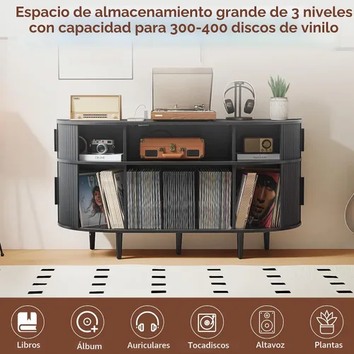 Vista 5 de Soporte grande para tocadiscos, gabinete de almacenamiento de discos de vinilo de madera de 55 pulgadas con estación de carga y puertos USB, mesa