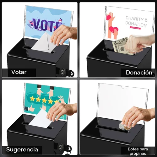 Vista 5 de VOISEN Caja de donación de acrílico con cerradura, frasco con punta negra y soporte para letrero, caja de sugerencias para recaudación de fondos