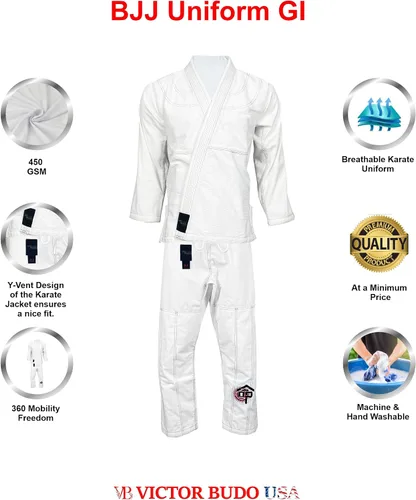 Vista 2 de Victorbudo USA BJJ GI - Tela ligera preencogida para hombres y mujeres Grappling Gi Brazilian Jiu Jitsu Gi - Tamaño A1 a A5, Color blanco