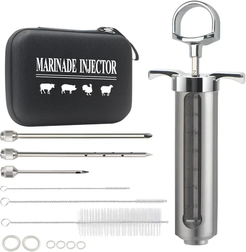 Vista 8 de Inyector de carne de acero inoxidable con 4 agujas de inyector de adobo profesional para parrilla, ahumador, barbacoa, manual de usuario, libro
