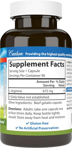 Vista 2 de Carlson L-Arginina, 1350 mg, Salud Circulatoria, 90 Cápsulas