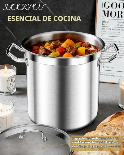 Vista 7 de STOCKPOT Olla de acero inoxidable de 20 cuartos de galón con tapa de vidrio templado, base de 3 capas, 8.8 libras, acabado pulido, adecuada