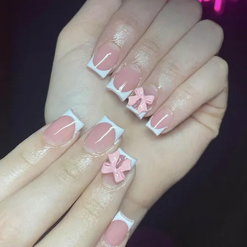 Vista 15 de Lindas uñas a presión de tamaño mediano - Uñas falsas cuadradas con punta francesa, uñas acrílicas rojas de cobertura completa brillantes