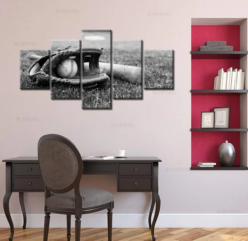 Vista 5 de BLINFEIRU 5 piezas de lienzo de arte de pared – equipo de béisbol rústico con temática deportiva – Decoración moderna para el hogar para niños