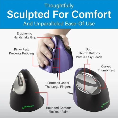 Vista 4 de Evoluent – Inventor del ratón vertical – VM4S Ratón vertical ergonómico mano derecha Pequeño USB con cable, esculpido para mayor comodidad, reduce