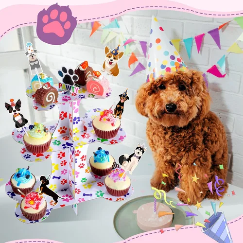 Vista 7 de Bokon Soporte de 3 niveles para cupcakes de perro y 24 piezas de decoración para cupcakes para perros, suministros de fiesta de cumpleaños