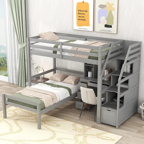 Vista 12 de Harper & Bright Designs - Litera con cama de tamaño individual sobre cama de tamaño matrimonial/individual, con 3 cajones, 4 espacios de Gris