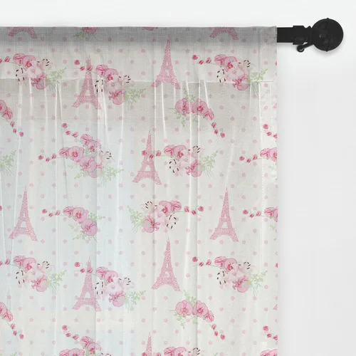 Vista 19 de Ambesonne Cortinas de tul Eiffel con bolsillo para barra, globos retro de corazón de café, remolinos de hito francés, cortina transparente