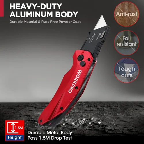 Vista 6 de WORKPRO Cuchillo Utilitario Plegable, Metal Resistente, Cortador de Caja de Bloqueo de Eje de Apertura Rápida, Cuchillo de Hoja de Cambio Rápido, 1