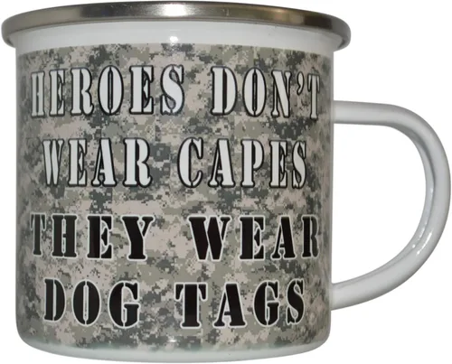 Vista 2 de Rogue River Tactical Heroes Don't Wear Capes They Wear Etiquetas de perro Taza de campamento Esmalte Camping Taza de café Regalo para veteranos