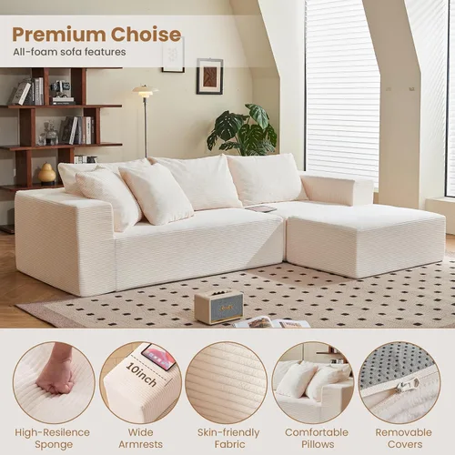Vista 4 de Sofá modular deshuesado en forma de L de 108 pulgadas, sofá modular con otomana móvil, sofás de pana para sala de estar, sin montaje, se envía