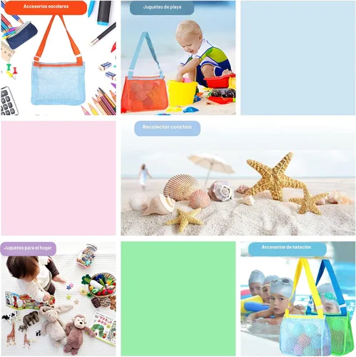 Vista 7 de UTTPLL Bolsa de playa de malla colorida ajustable para niños, bolsa de red de secado rápido para conchas marinas que recolecta arena juguete