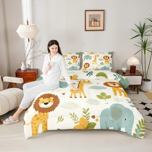 Vista 5 de Feelyou Juego de edredón de animales de la selva para todas las estaciones, juego de ropa de cama con 1 funda de almohada de microfibra de elefante