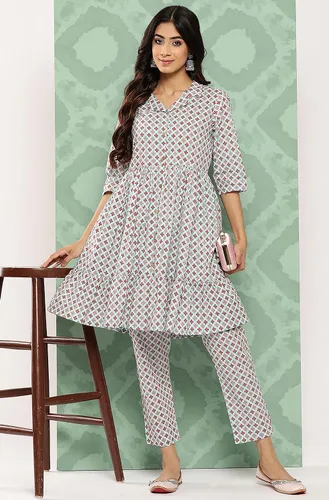 Vista 3 de Janasya Kurta con pantalón con motivos étnicos de algodón azul cielo para mujer