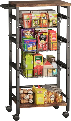 Vista 8 de Organizador de cocina y carrito de almacenamiento con cajón de tela y asa práctica, carrito organizador de aperitivos con 2 cestas extraíbles y 2