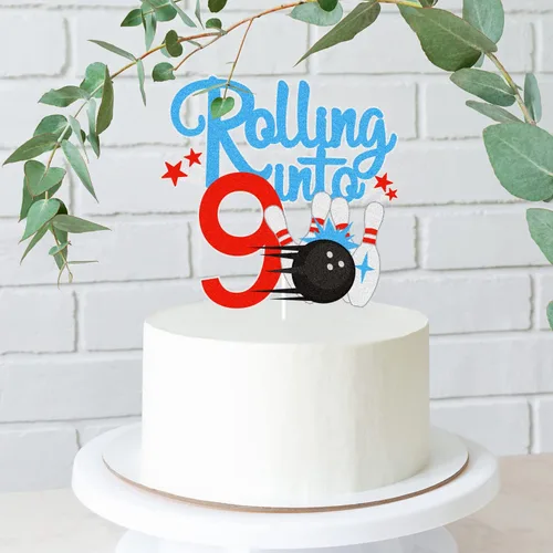 Vista 3 de Bowling Rolling Into 9 Happy 9th Birthaday - Decoración para pastel de boliche de 9º cumpleaños con purpurina - Decoración de pastel de boliche