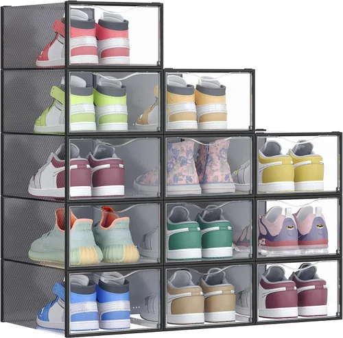Vista 7 de SONGMICS Cajas de zapatos, organizador de almacenamiento de zapatos para armario, caja apilable de plástico para tenis, paquete de 12, transparente