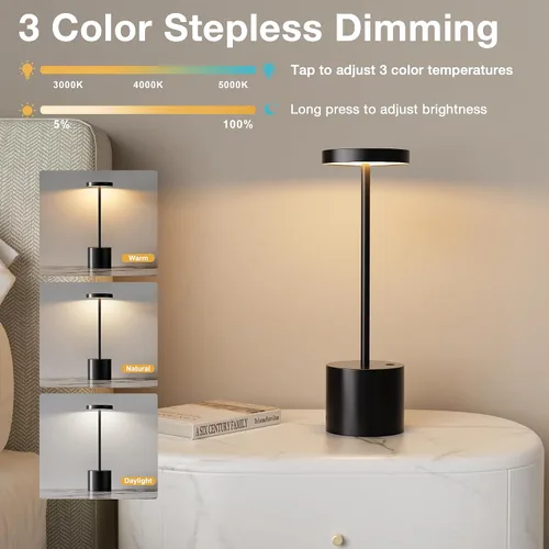 Vista 3 de Lámpara de mesa inalámbrica negra, lámparas con batería recargable de 4000mAh, lámparas LED inalámbricas para exteriores con atenuación continua