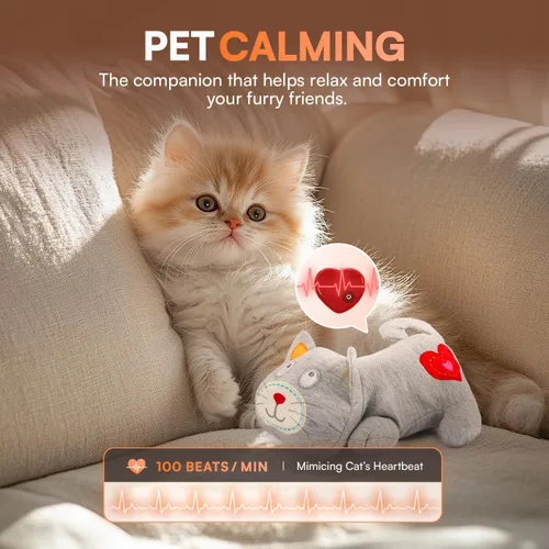 Vista 2 de ALL FOR PAWS Heartbeat - Juguete de peluche para gatos, compañero calmante para gatitos con latidos cardíacos realistas, alivio de la ansiedad