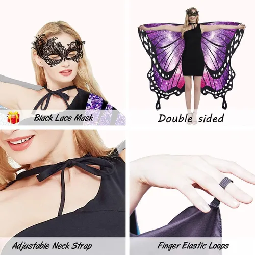 Vista 5 de DawnHope Disfraces de Halloween, alas de mariposa para mujeres y adultos, impresión de doble cara, alas de hada, capa para fiesta con máscara