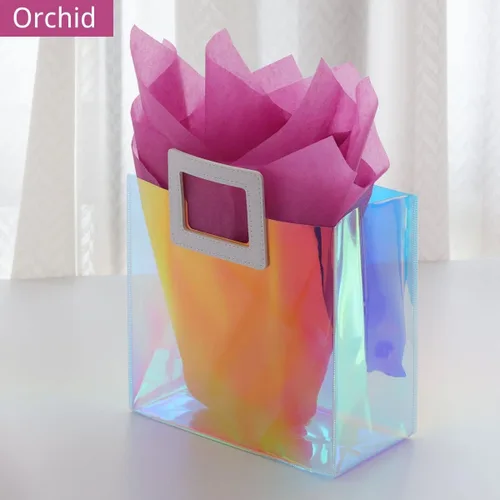 Vista 4 de VUOJUR 2 bolsas de regalo pequeñas reutilizables de 8.3 pulgadas con papel de seda - Coral y orquídea