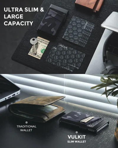 Vista 2 de VULKIT Cartera desplegable para tarjetas de crédito con bloqueo RFID, funda delgada de aluminio de metal con bolsillo para dinero para tarjetas