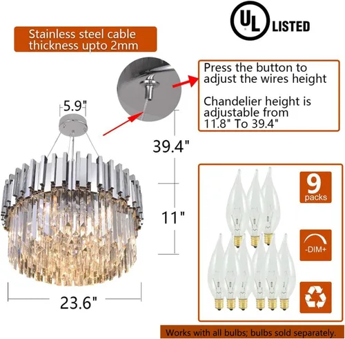 Vista 4 de Lámpara de araña de cristal moderna, luces colgantes cromadas, lámparas de techo con pantalla de acero inoxidable, para isla, comedor, sala