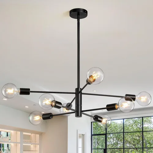 Vista 10 de KAISITE - Candelabro Moderno Sputnik - Candelabro de 6 Luces con Ajuste de Altura, Acabado en Negro y Oro para Cocina, Dormitorio y Vestíbulo