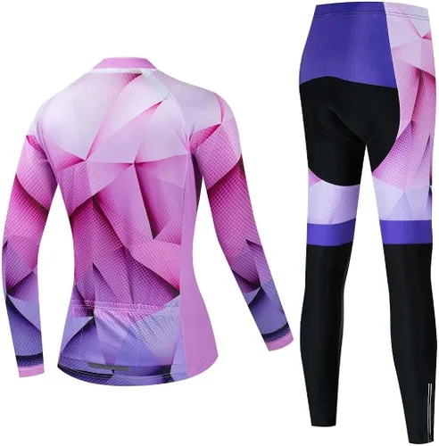 Vista 2 de Conjunto de jersey de ciclismo para mujer, manga larga, forro polar, ropa de bicicleta, pantalones con acolchado 4D