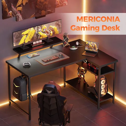Vista 3 de Mericonia Escritorio para Computadora en Forma de L con Tomas de Corriente, Escritorio de Juegos Reversible con Estantes de Almacenamiento y Soporte