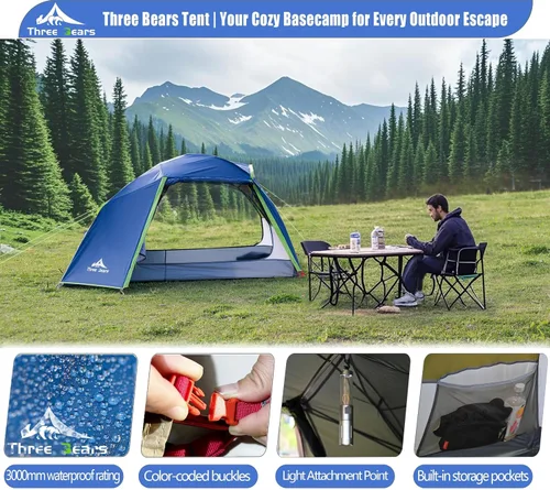 Vista 2 de ThreeBears - Tienda de campaña para 4 personas, impermeable, fácil de instalar, espacioso para aventuras familiares al aire libre, senderismo