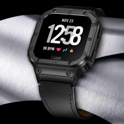 Vista 2 de BAITEYOU Leather Bands with Stainless Steel Case Compatible with Fitbit Versa 1 2 3 4 Lite Sense 2 1 Protective case for men