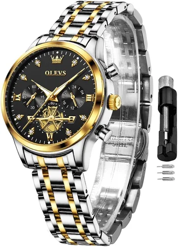 Vista 15 de OLEVS Reloj multifuncional de dos tonos para mujer, reloj analógico de cuarzo para mujer, de acero inoxidable, resistente al agua, con diamantes