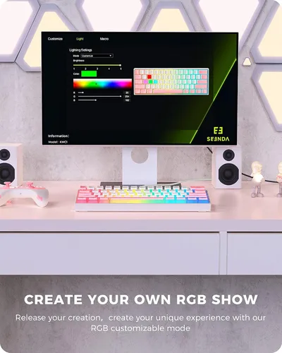 Vista 3 de Seenda Pudding Hacker 61 Teclado mecánico para juegos, mini teclado con cable 60% de dos tonos blanco rosa con retroiluminación RGB personalizable