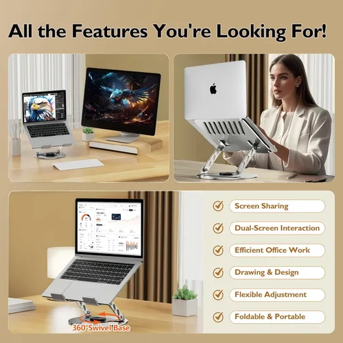 Vista 2 de Laptop Stand for Desk - All-Metal Ergonomic Computer Stand & Laptop Riser, 360° Rotatable & Adjustable & Foldable, Laptop Holder for MacBook Gris